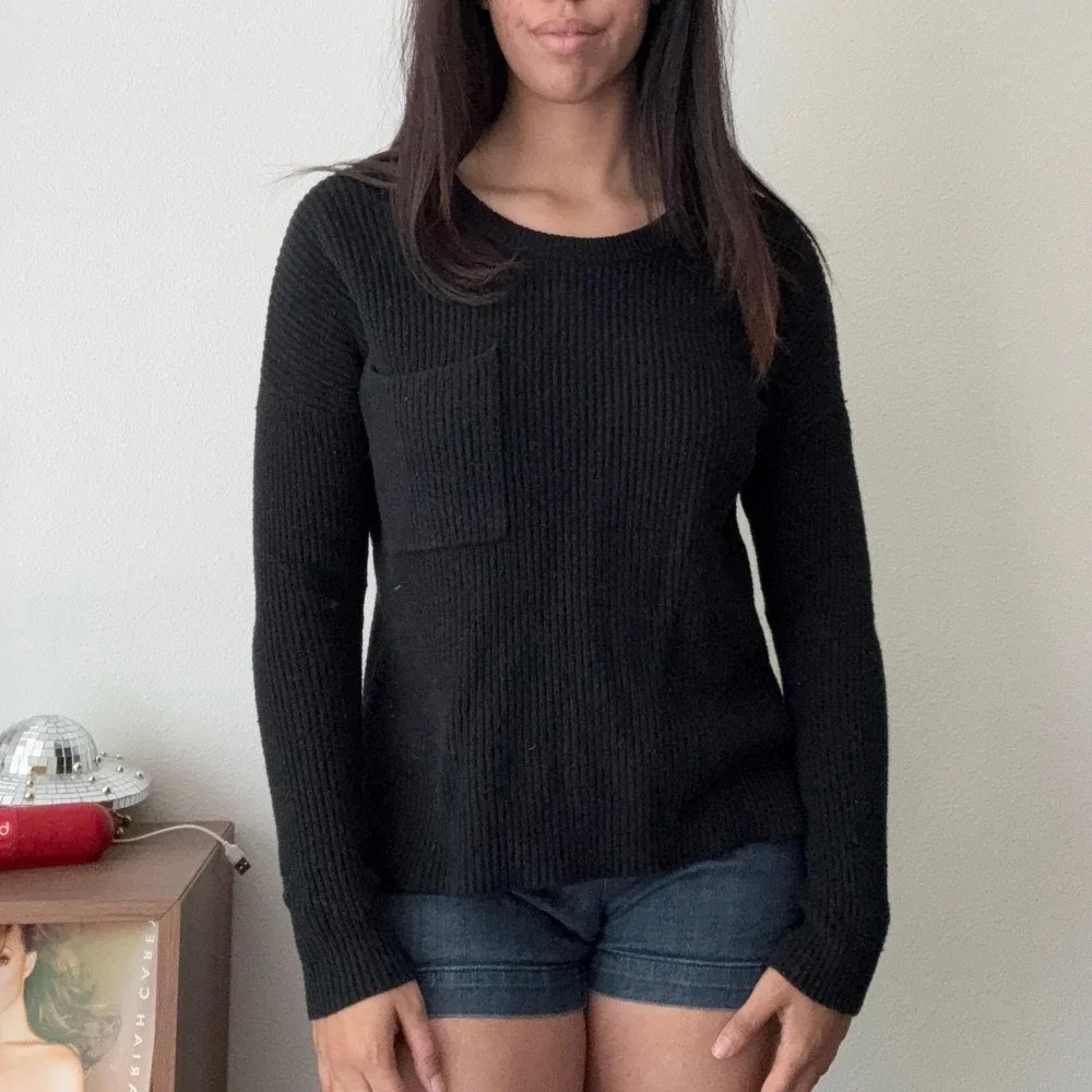 Madewell Womens Ribbed Pocket Sweater Black Crew Neck Cotton Blend Size S - Picture 1 of 8